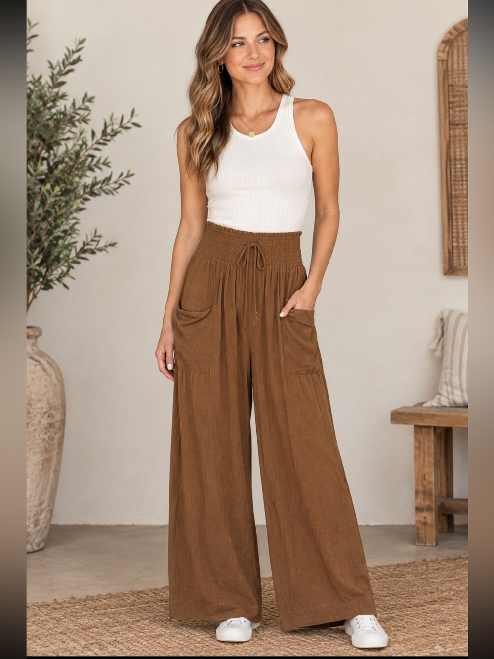 NWOT Smocked-Waist Wide Leg Pants in Brown